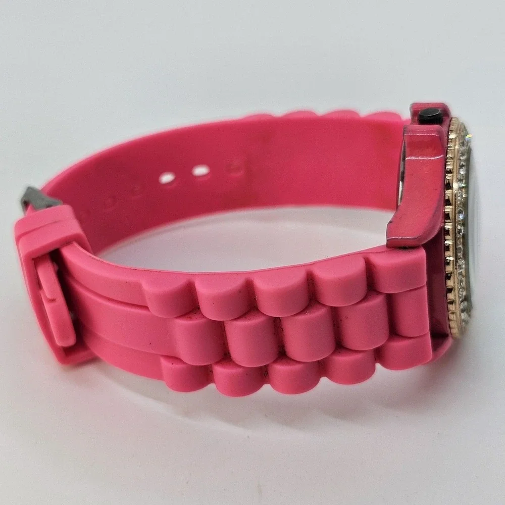 40MM Women's Watch Pink Dial Crystal Bezel Pink Plastic Band Straps‎ New Battery